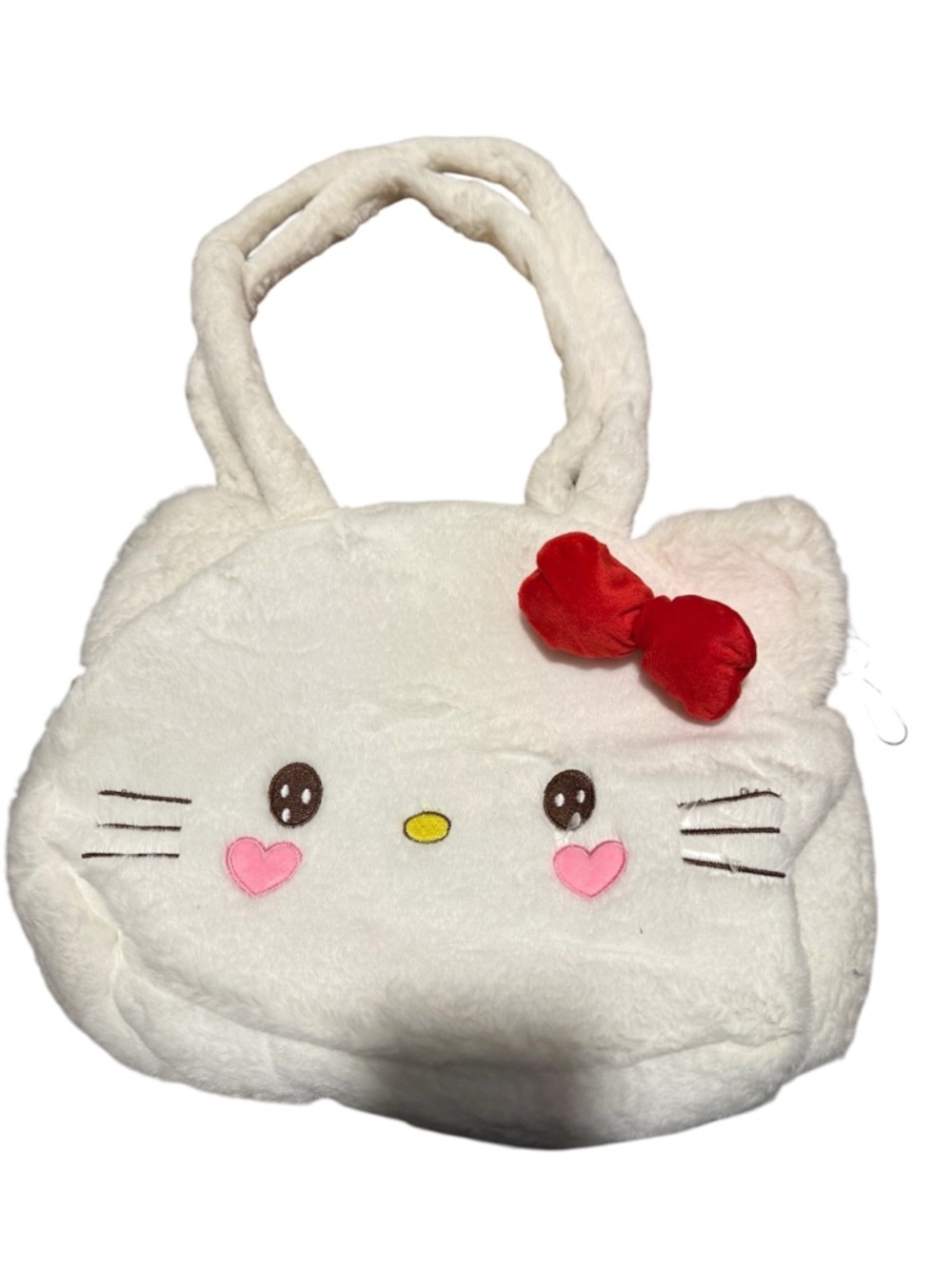 Hello Kitty White Plush Purse with Red Bow and Pink Heart Cheeks